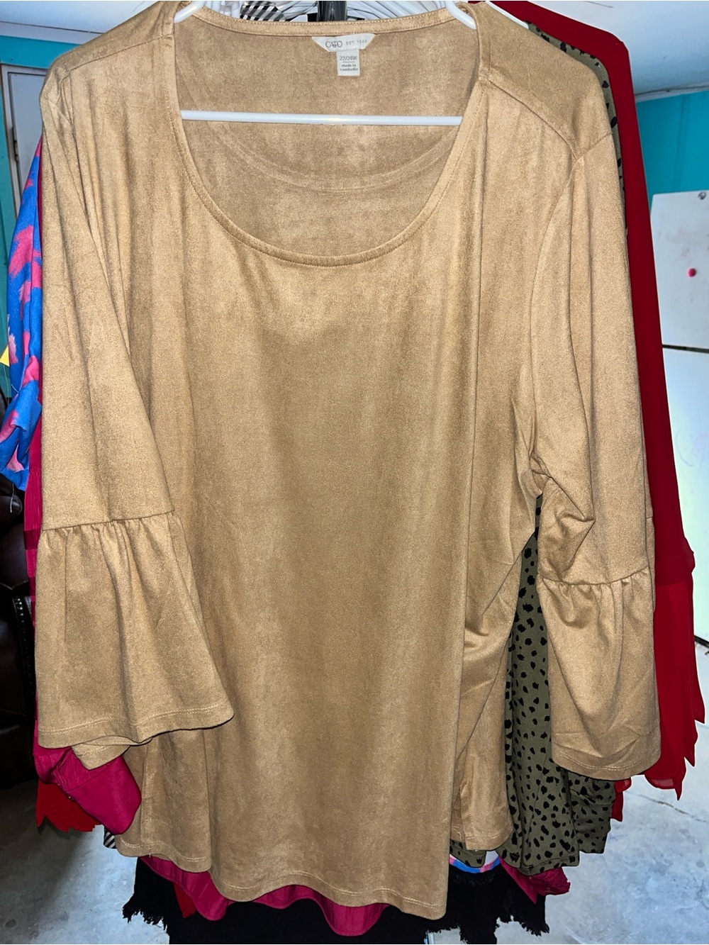 Cato Tan Suede-Look Bell Sleeve Tunic